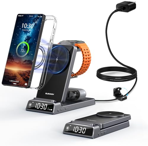 Magnetic Wireless Charger for Samsung, Nightstand Travel Android Charger | 3-in-1 Foldable Charging Station for Samsung Phones, Galaxy Watch, Galaxy Buds. (Not for Apple Watch, Adapter Included)
