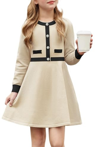 Arshiner Niñas Vestido Invierno Niños Cálido Punto A-Line Fiesta Festivo Elegante de Manga Larga Vestidos para Niñas 9-10 años Albaricoque