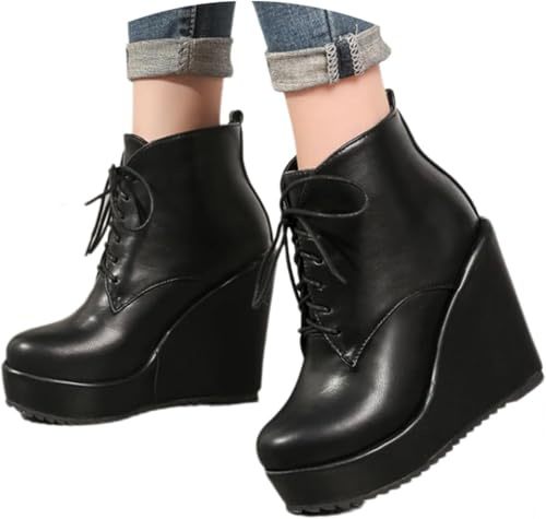 Botines De Tacón De Cuña Botines Retro con Cordones para Mujer Elegantes Botines Cortos De Tacón Alto Otoño Invierno Botines Cálidos con Forro De Felpa Zapatos Tobilleros C, Black, 6.5 UK