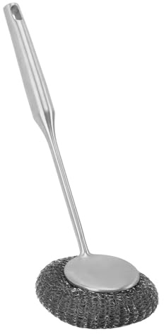 Fockety Skrubbare i Rostfritt Stål med Lålgt Handtag, 10,6 Tums Handhåren Ullskurmaskin för Rengör Av Diskgods, Metallsvampar för Kör Grytor, Diskho, Kokkärl, Grillar (Silver)