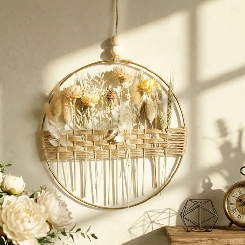 Qivra Coronas de Flores Decorativas, 25 * 25cm Coronas para Puertas Decorativas de Flores Secas, Corona de Flores Secas con Anillo de Metal Dorado para Sala De Estar, Pared y Puerta