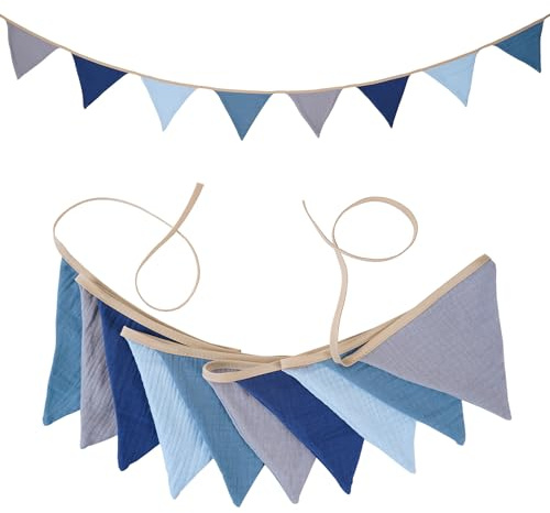 Guirnalda de banderines de muselina de algodón, bandera triangular azul, decoración de banderines de tela