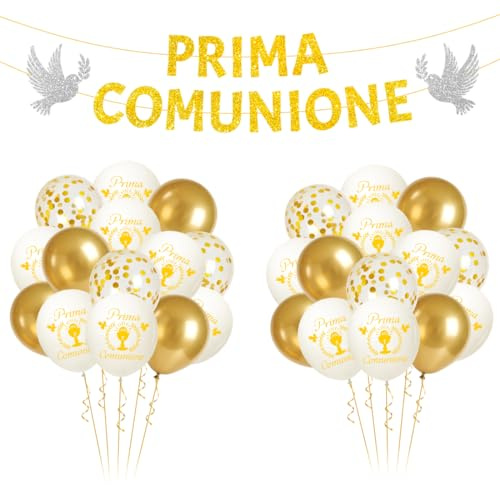 32pz Palloncini Prima Comunione,Palloncini Decorazioni Bianchi Oro,Prima Comunione Ghirlanda,Addobbi Decorazioni per Festa Comunione Cresima Battesimo Compleanno
