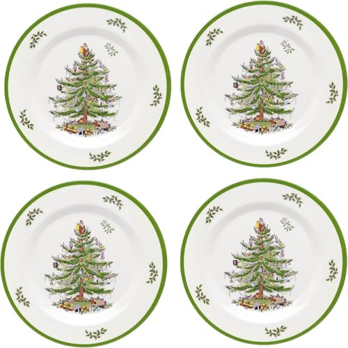Spode Christmas Tree Melamine Salad Plate (Set of 4) - 8 Inch Shatterproof Serving Plate for Holiday Meals, Holiday Party - Festive Tableware for Indoor & Outdoor Use, Dishwasher Safe Dinnerware