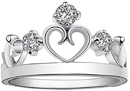 Uloveido Anillo de tiara de corona de corazón de princesa con circonita cúbica de color plateado, joyería de compromiso para mujer J412, 5, Cristal, Circonita cúbica