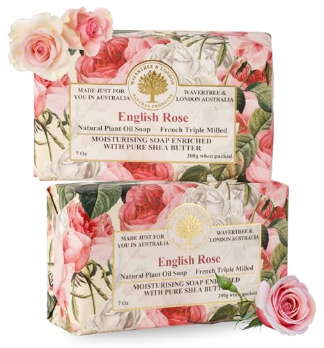 Wavertree & London English Rose Scented Natural Soap Bars for Women & Men (2 x 7oz) – Moisturizing Triple-Milled Soap Bars Enriched with Shea Butter – Plant-Based Bath & Body Bar for All Skin Types