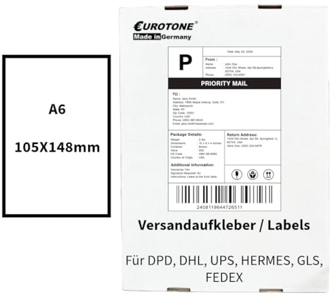 Eurotone DHL-etiketter, fraktklistermärke, självhäftande 102 mm x 207 mm för laserskrivare/bläckstråleskrivare, 1 000 ark 910-300-710