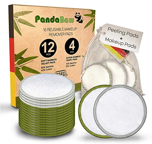 PandaBaw® Abschminkpads waschbar [MIT 4 PEELING-PADS] - 2 Sorten Wattepads wiederverwendbar aus Bambus & Baumwolle - 16 Stück Reusable Cotton Pads Abschminktücher für angenehme Gesichtsreinigung