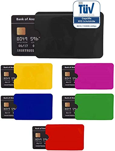AntiSpyShop 6X RFID Schutzhüllen, TÜV-geprüft, NFC Blocker - Kreditkarte, Bank EC Karte Abschirmung | Schwarz, Pink, Gelb, Blau, Rot, Grün