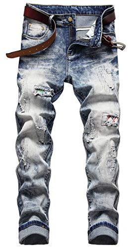 AITITIA Men's Biker Zipper Deco Washed Straight Fit Jeans - - 36W x 32L