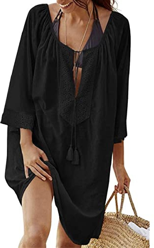 Femmes Robe de Plage Col en V Bikini Cover Ups Gland Plage Maillots de Bain Cover Up Bohème Crochet Blouse D'été Copricostumi Blouse Lâche Solide Robe de Plage