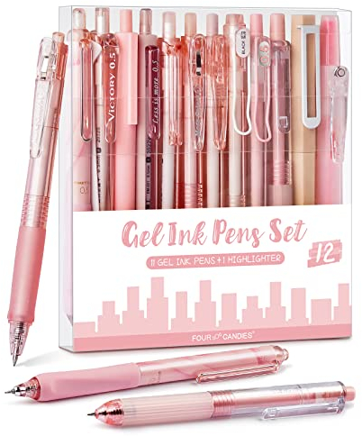 Four Candies Gelstifte, Schwarz & Rosa Gelschreiber mit Textmarker, Cute Gel Pens Aesthetic Clean Girl School Stuff, Schulsachen Set mit 12 Stiften - Rose Serie