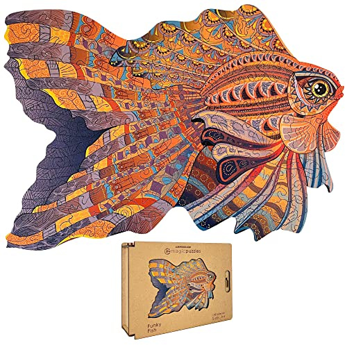 Lubiwood Funky Fish (29x21 cm) Unique Shaped Animal Wood Puzzle - Stimulates Cognitive Skills & Innovation - Comes with Wood Gift Box - Ideal for Adults