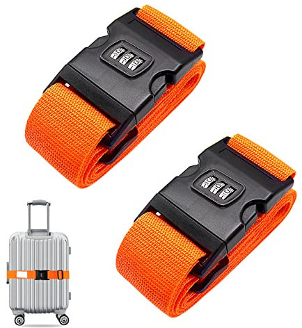 Luggage Strap, 2pcs Suitcase Straps with Password Lock Information Card, Adjustable Travel Packing Accessories Suitcase Belts with Buckle (Orange, 2 PCS Set)
