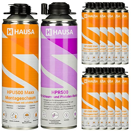Hausa Mousse de Montage Mousse expansive 1K Grise HPU500 Maxx PROFESSIONAL 500ml et Détergent Hausa Mousse PU et Nettoyant pour Pistolet 500ml HPR500 Kit 11+1