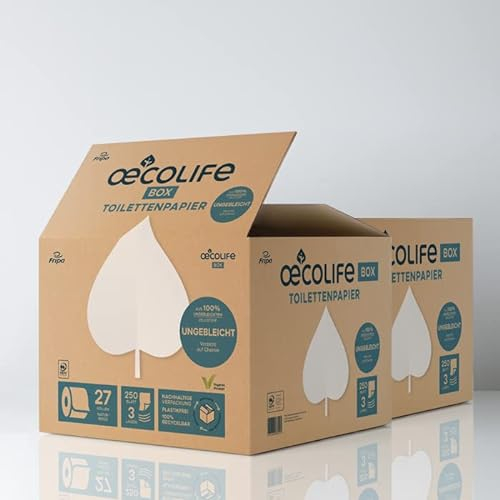 oecolife Toilettenpapier Box UNGEBLEICHT, 3-lagig, 54 Rollen á 250 Blatt, Großpackung, superweich, plastikfrei verpackt, vegan, nachhaltiges Klopapier