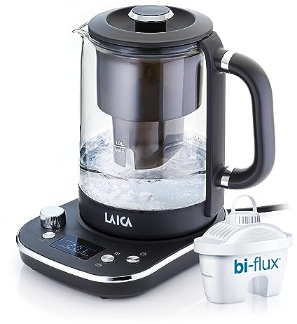 LAICA ISEO Water Filter Electric Kettle, 1L Filtered Capacity, with Variable Temperature Settings + 1 Bi-flux® Tea and Coffee Water Filter Cartridge, 3kw - Glass, (Black)
