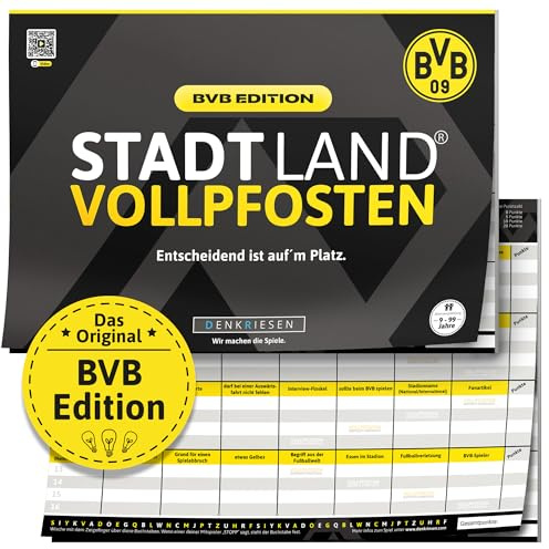 DENKRIESEN - Stadt Land VOLLPFOSTEN® - BVB Edition - 'Entscheidend ist auf'm Platz.' - DIN A4 Spielblock | ab 9 Jahren | 50 Blatt | BVB-Fanartikel | Borussia Dortmund | Fußballfans | Quiz