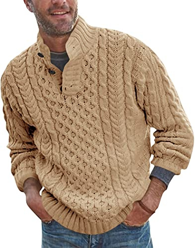Runcati - Jersey de punto para hombre, cuello de botón, casual, de punto de ocho, acanalado, caqui, XL