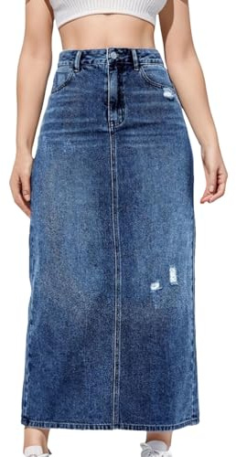 Tkukkwr Jupe longue en jean pour femme - Jupe d'été évasée avec trous déchirés - Jupe longue décontractée droite avec poches - Jupe longue en jean extensible - Longueur cheville, bleu, 48