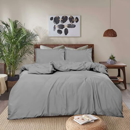 REHAN & CO Duvet Cover Sets – Soft Brushed Microfiber Bedding – Plain Quilt Cover With Pillow Cases (Light Grey - Super King)