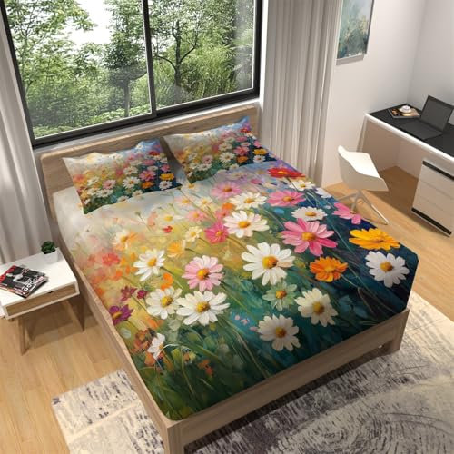 Spannbettlaken Elegante Pflanzen und Blumen Thema Matratzenschoner Mikrofaser rutschfest Atmungsaktiv Staubdicht Tiefe Taschen, 90 x 190 cm Bettwäsche für Schlafzimmer Schlafsaal, Bunt