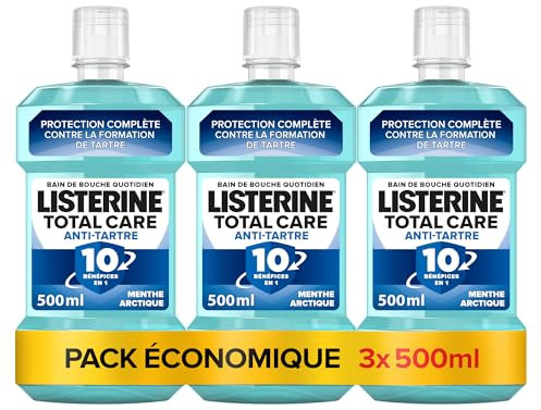 Listerine, Bain de Bouche Total Care Anti-Tartre (lot de 3 bouteilles de 500 ml) – Soin bucco-dentaire contre la formation de tartre – Bain de bouche pour une haleine fraîche durable