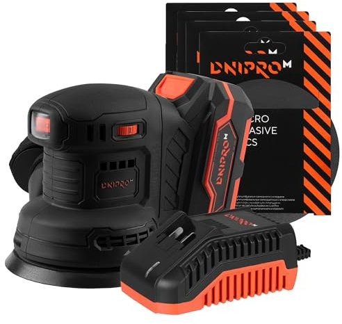 Dnipro-M Lijadora Electrica Excentrica DSO-200BC ULTRA 125mm sin Cable 20V con Bateria Recargable, Cargador Rápido y 20 Lijas 125mm Velcro, Lijadora Orbital para Madera, Pared y Bricolaje Profesional