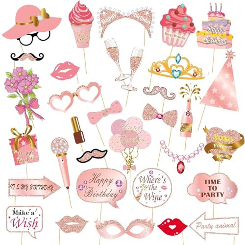 33 Stück Geburtstag Fotobox Requisiten Accessoires Glitzer 90er Party Foto Booth Props Fotorequisiten Deko für Geburtstag Disco Party Dekoration Zubehör Rosegold