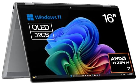 HP Omnibook X Flip - Ordenador portátil Convertible de 16 3K OLED táctil Ryzen AI 7 350, 32GB RAM, 1TB SSD, AMD Radeon 860M Graphics, Windows 11 Home, Silver - Teclado QWERTY Español