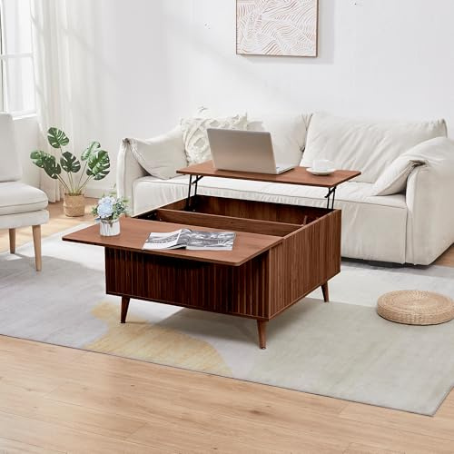 Mesa de centro cuadrada con estante extensible, mesa de centro de altura ajustable con espacio de almacenamiento y superficie acanalada para sala de estar, oficina en casa, estudio o escritorio.
