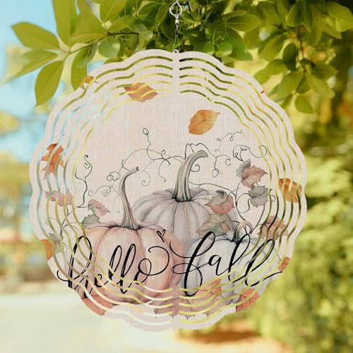 Watercolor Pumpkin Fall Thanksgiving Wind Spinner for Garden Yard 3D Stainless Steel Hanging Wind Spinners, Farm Tree Deciduous Retro Linen Spinners Outdoor Metal Decor for Lawn Patio Home