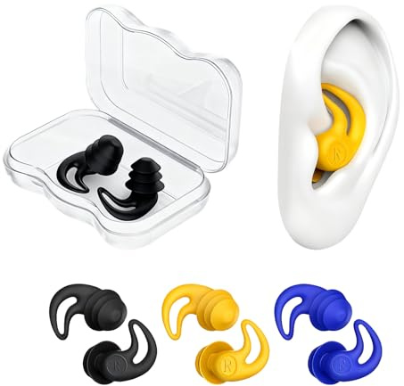 3pcs Tappi per Orecchie da Nuoto,Tappi per Orecchie Antirumore in Silicone,Riutilizzabili,Tre Colori (Nero,Giallo,Blu) per Doccia,Nuoto,Surf,Dormire,Lavorare,Viaggiare