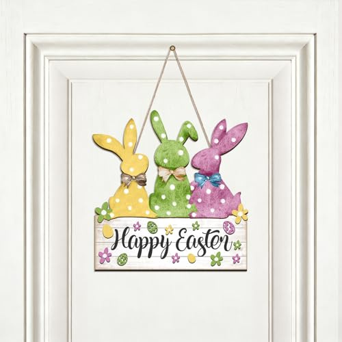 DIELOVEHUA Decorazione Pasqua per Porta, Cartello di Benvenuto Porta di Pasqua, Pasquale da Appendere in Legno, Pasquali Ciondolo Coniglietto, per Porta d'Ingresso Giardino Cortile Festa Primavera (B)
