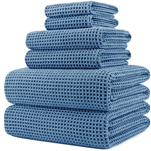 Polyte - Handtuch-Set - schnelltrocknende & fusselfreie Mikrofaser - Waffelstruktur - sehr groß - Blau - 152 x 76,2 cm - 6-teilig