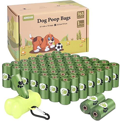 AOKEASE Hundekotbeutel – 51 Rollen (765 Beutel) mit Spender, hygienisch, Papierkern, Verdickung, Dog Poop Bag