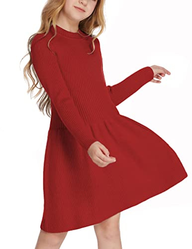 Arshiner Abito Maglione da Bambine Vestito in Maglia Ragazze Maniche Lunghe Autunno Inverno Elegante Abitini per Feste Natale Rosso 160