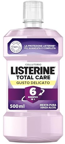 LISTERINE Total Care, Collutorio 0% alcol al gusto di Menta Pura, Collutorio al Fluoro con 10 benefici in 1 per una protezione completa e denti più forti, per un'igiene orale completa, 500 ml