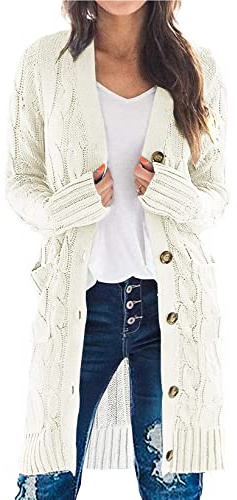 PRETTYGARDEN Long Sleeve Cable Knit Long Cardigan for Women 2025 Fall Winter Chunky Open Front Button Sweaters with Pockets (White, Medium)