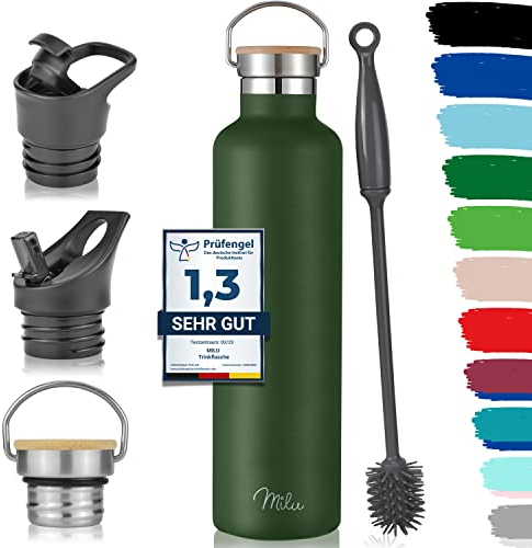 Milu Edelstahl Trinkflasche 350ml 500ml 750ml 1000ml (+3 Deckel) Thermosflasche mit Strohhalm, Isolierte Wasserflasche, Auslaufsichere Isolierflasche doppelwandig (Olivgrün, 1000ml)