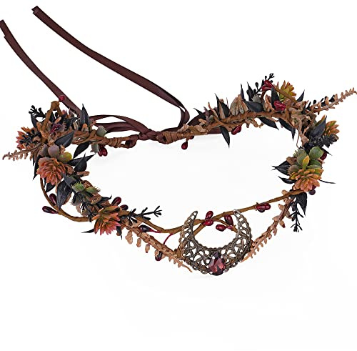 MOSTORY Moon Flower Crown Headpiece - Floral Elf Circlet Woodland Forest Headband for Witch Aesthetic Devil Queen Renaissance Faire Halloween Cosplay