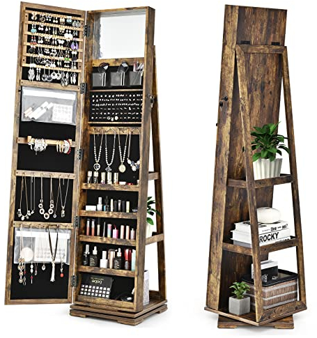 HOMASIS Armoire à bijoux avec miroir et étagère en échelle, pivotant sur 360°, Organisateur de boucles d'oreilles avec crochet à chaîne et fermoir à anneau,39x39x161cm (Marron foncé)