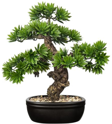 Fake Bonsai Tree Small Bonsai Plant 15.7” Tall Artificial Bonsai Trees with Black Pot Decorated with Pebbles Desk Plant Indoor Bonsai for Home Office Decor