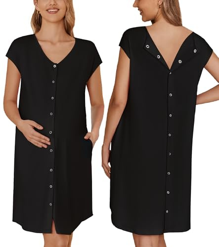 Ekouaer Labor and Delivery Gown for Hospital Maternity Nursing Nightgown Sleepwear for Breastfeeding V Neck Nightshirt Sleeping Dress Black L