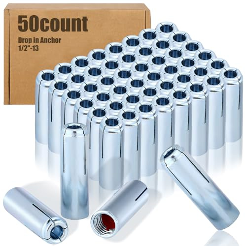 Blulu 50 Pcs 1/2 Drop in Anchor Stainless Steel Concrete Anchors Zinc Plated Inner Female Thread Expansion Anchor Set Tool Expansion Screws Internal Forced Bolts for Solid Concrete