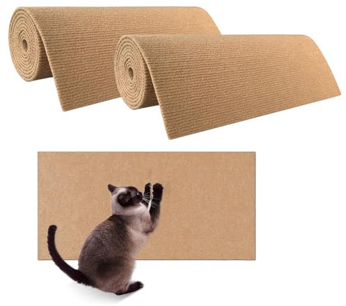 Selbstklebend Kratzmatte Katze, 2 Stück 40cm*100cm Selbstklebend Kratzteppich Katze, Zuschneidbare Kratzmatte Katzen, Selbstklebend Kratzbretter, Sofa Katze Kratzteppich Ecke Schützt Möbel (Khaki)
