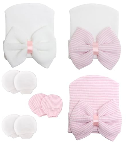 AQOKKA Newborn Baby Girl Hats with Bow No Scratch Cotton Toddler Infant Beanie Caps Soft Newborn Hospital Hat 0-3 Months