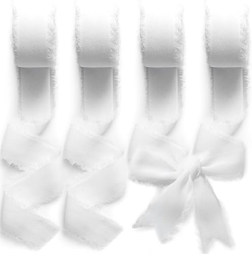 Votoko Nastro in Chiffon Bianco, 2,5 cm x 40,0 m, Regalo Frange Fatto a Mano, Largo di Seta per Inviti di Nozze, Bouquet da Sposa, Confezione Regali
