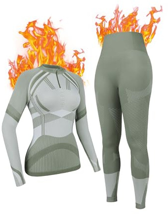 ATTRACO Thermal Clothes for Women Snow Base Layer Warm Under Clothes for Women Long Thermal Set White Green Large