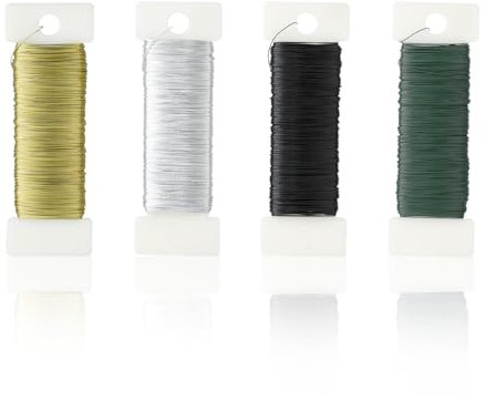 AiQInu 4 Rollos Alambre para Manualidades – Alambre para Joyería, Alambre Artesanal de Metal, 50m, Ø 0,35mm, Fácil de Doblar, Ideal para DIY, Jardín y Decoraciones (Oro, Plata, Verde, Negro)